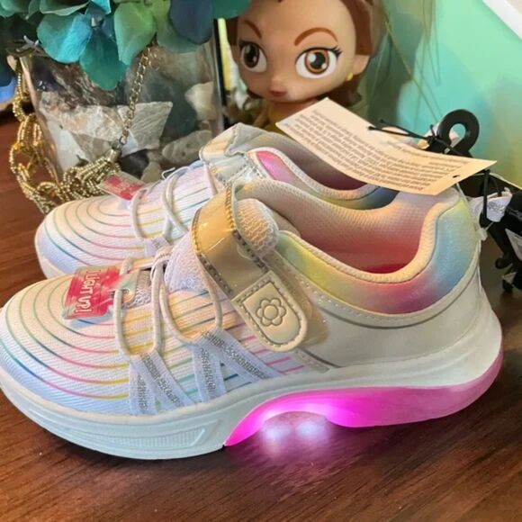 Girls’ Light-Up Rainbow Sneakers witHook & Loop Strap Comfort Sole & Pastel Glow - Picture 7 of 10